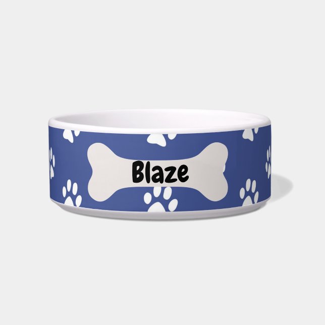 Personalized  Blue Dog Puppy Paw Print Bowl (Front)