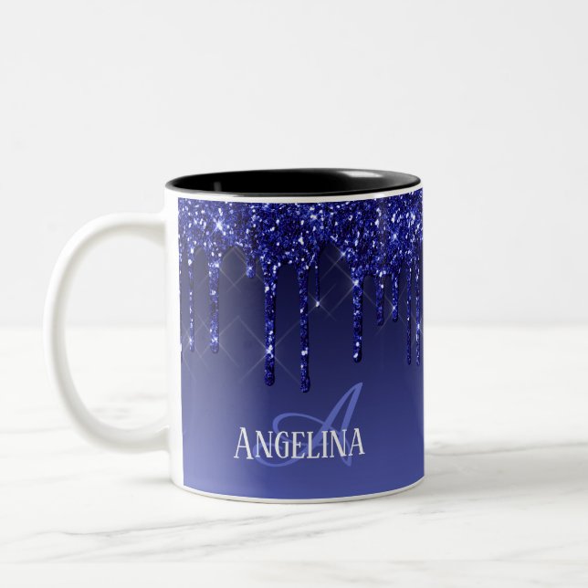 Personalized Blue Dripping Glitter  Two-Tone Coffee Mug (Left)