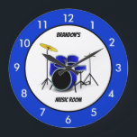 Personalized Blue Drum Set Music Large Clock<br><div class="desc">Personalized Blue Drum Set Music Clock.</div>