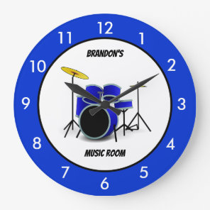 Personalized Blue Drum Set Music Large Clock