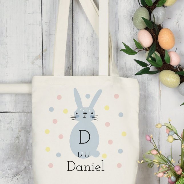 Personalized Blue Easter Bunny Polka Dots Tote Bag (Creator Uploaded)