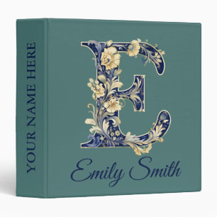 Personalized Blue Elegant Floral Monogram E 3 Ring Binder