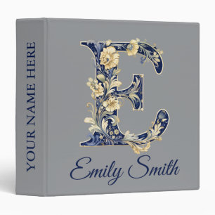 Personalized Blue Elegant Floral Monogram E 3 Ring Binder