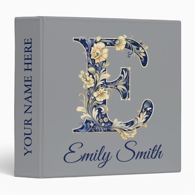 Personalized Blue Elegant Floral Monogram E 3 Ring Binder (Front/Spine)