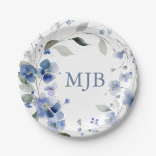 Personalized Blue Elegant Floral Monogram Paper Plates