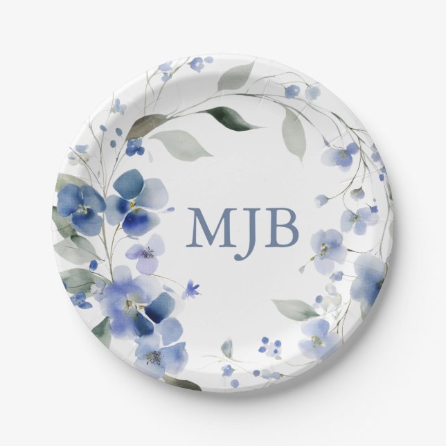 Personalized Blue Elegant Floral Monogram Paper Plates (Front)