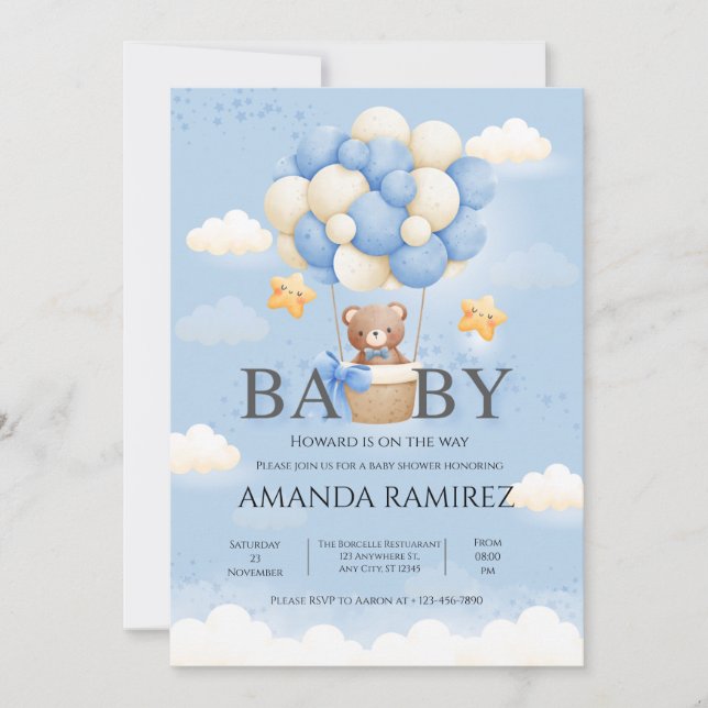 Personalized Blue Elephant Baby Shower Invitation (Front)