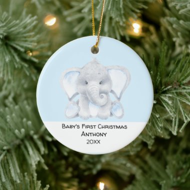 Personalized Blue Elephant Babys First Christmas Ceramic Ornament