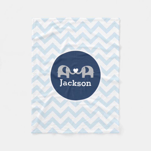 Personalized Blue Elephant  Chevron Baby Blanket (Front)