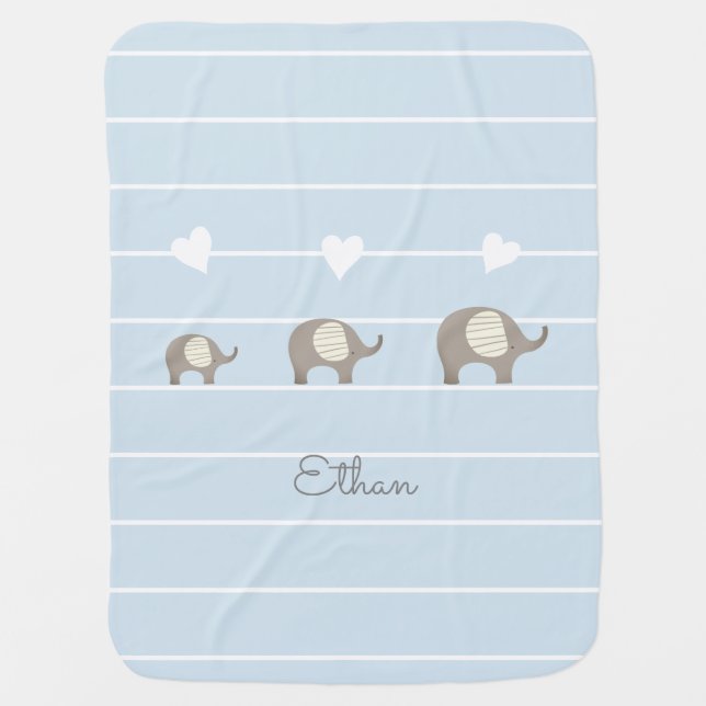 Personalized Blue Elephant Heart Boy Baby Blanket (Front)