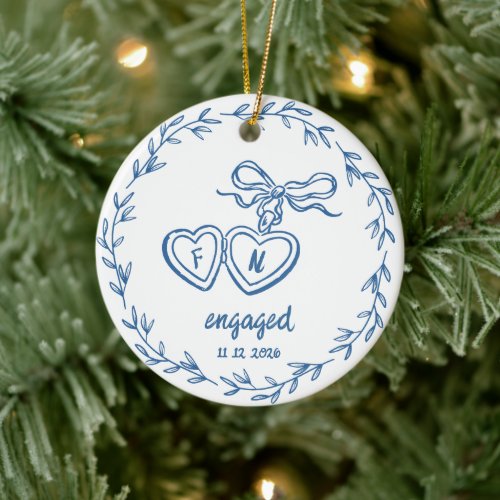 Personalized Blue Engaged Couple Announcement Ceramic Ornament