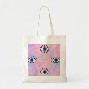 Personalized Blue Evil Eye Pop Art on Pastel Swirl Tote Bag