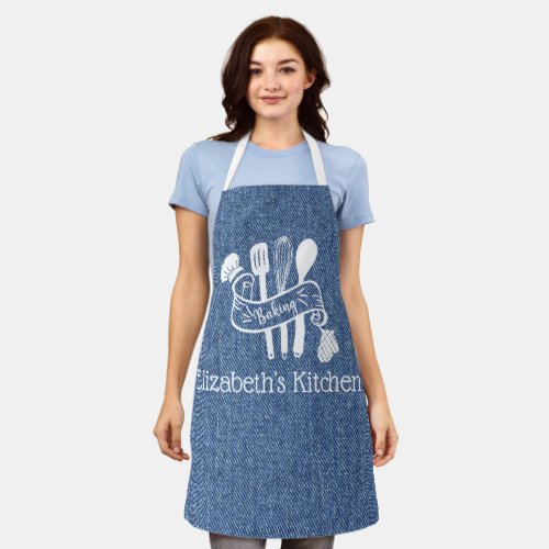 Personalized Blue Faux Denim Baking Utensils Apron