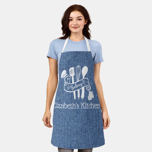 Personalized Blue Faux Denim Baking Utensils Apron (Worn)
