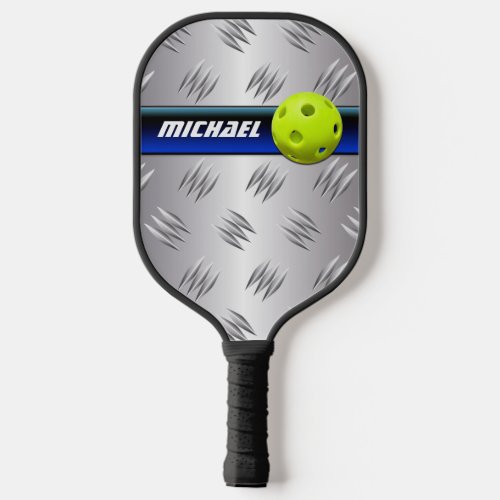 Personalized Blue FAUX Silver Diamond Plate Pickleball Paddle