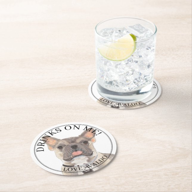 Personalized Blue Fawn Tricolor Frenchie Bulldog Round Paper Coaster (Insitu)