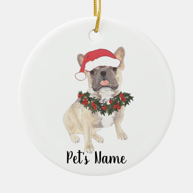 Personalized Blue Fawn Tricolor Frenchie Christmas Ceramic Ornament (Front)