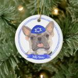 Personalized Blue Fawn Tricolor Frenchie Hanukkah Ceramic Ornament<br><div class="desc">Celebrate your favorite mensch on a bench with a personalized ornament! This design features a sweet illustration of a blue fawn tricolor frenchie or french bulldog with a blue and white yarmulke. For the most thoughtful gifts, pair it with another item from my collection! To see more work and learn...</div>