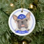 Personalized Blue Fawn Tricolor Frenchie Hanukkah Ceramic Ornament<br><div class="desc">Celebrate your favorite mensch on a bench with a personalized ornament! This design features a sweet illustration of a blue fawn tricolor frenchie or french bulldog with a blue and white yarmulke. For the most thoughtful gifts, pair it with another item from my collection! To see more work and learn...</div>