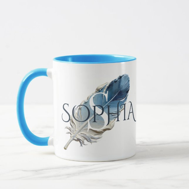 Personalized Blue Feather Monogram Customer Name Mug (Left)