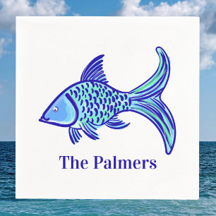 Personalized Blue Fish   Preppy Coastal Table  Napkins
