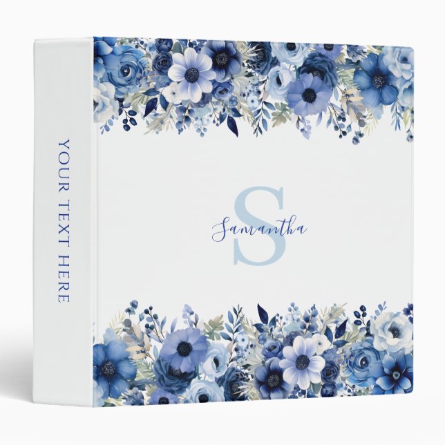 Personalized Blue Floral   3 Ring Binder (Front/Spine)