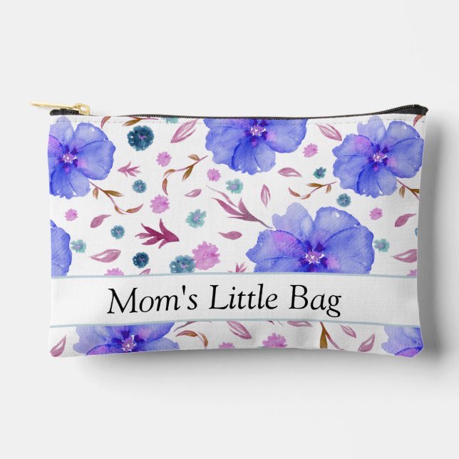 Personalized Blue Floral Accessory Pouch (Front)