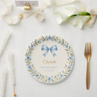 Personalized Blue Floral Bow Birthday Paper Plates