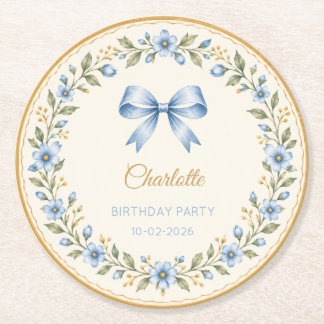 Personalized Blue Floral Bow Birthday Round Paper Coaster