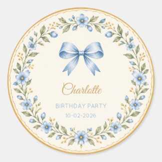 Personalized Blue Floral Bow Birthday Stickers