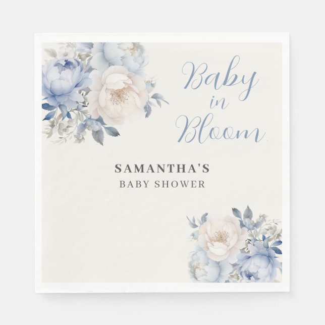 Personalized Blue Floral Boy Baby In Bloom Shower  Napkins (Front)