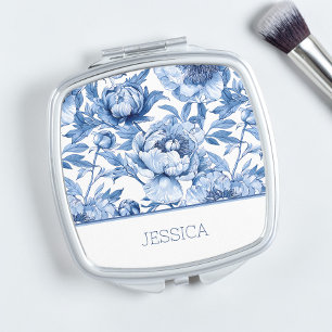 Personalized Blue Floral Bridesmaid Flower Travel Compact Mirror