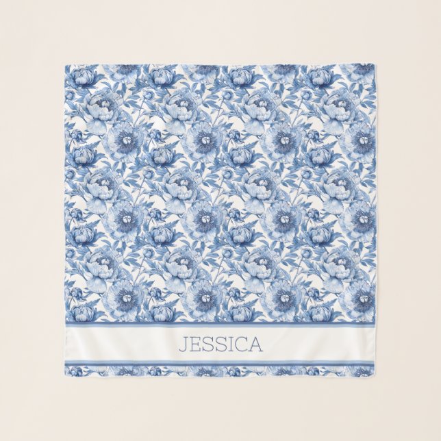 Personalized Blue Floral Bridesmaid Peony Flower Scarf (Front)