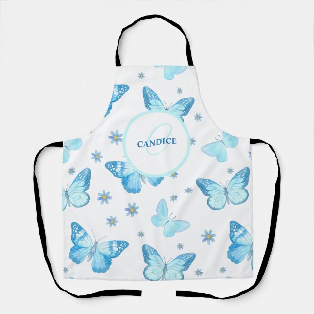 Personalized Blue Floral Butterfly  Apron (Front)