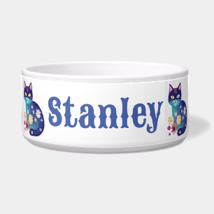 Personalized Blue Floral Cat Bowl