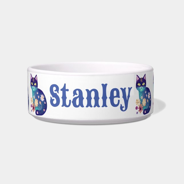 Personalized Blue Floral Cat Bowl (Front)