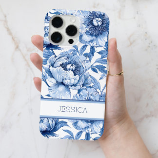 Personalized Blue Floral Chinoiserie Flowers Name iPhone 15 Pro Max Case