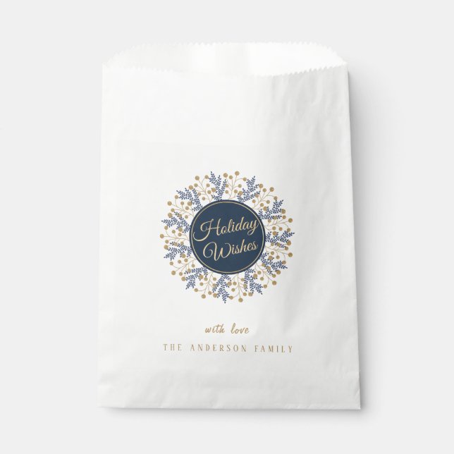 Personalized Blue Floral Christmas Holiday Wishes Favor Bag (Front)