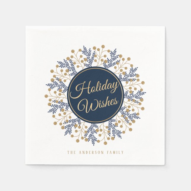 Personalized Blue Floral Christmas Holiday Wishes Napkins (Front)