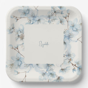 Personalized Blue Floral Cream Baby Shower  Paper Plates