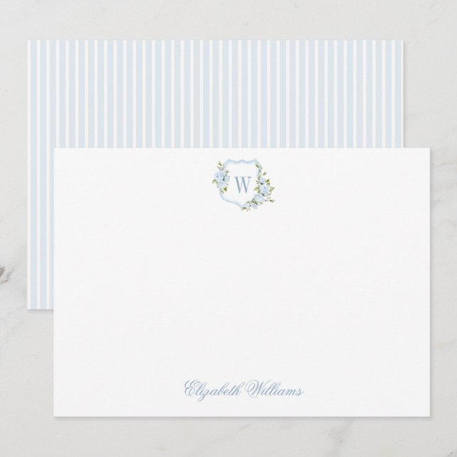 Personalized Blue Floral Crest Baby Stationery Thank You Card (Front/Back)