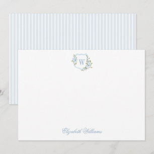 Personalized Blue Floral Crest Baby Stationery Thank You Card