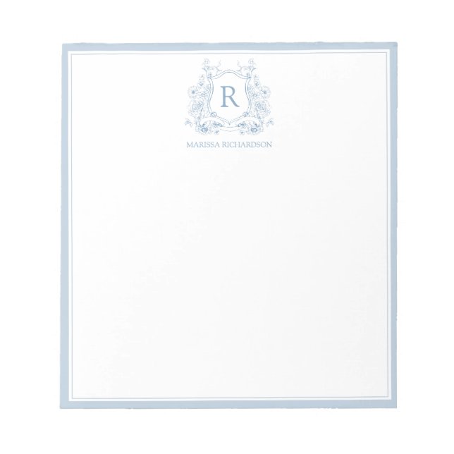 Personalized Blue Floral Crest Notepad (Front)