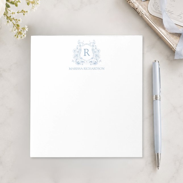 Personalized Blue Floral Crest Notepad (elegant french provincial pale blue monogram crest notepad with custom initial and name)