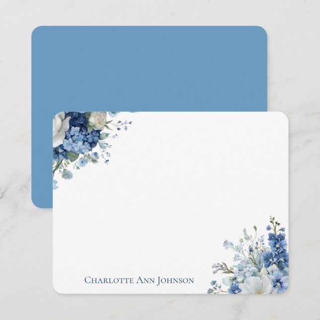 Personalized Blue Floral Flat Note Cards (Front/Back)