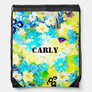 Personalized Blue Floral For Kids or Adults Drawstring Bag