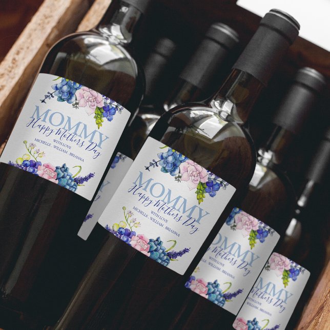 Personalized Blue Floral Happy Mothers Day Wine Label (Creator Uploaded)