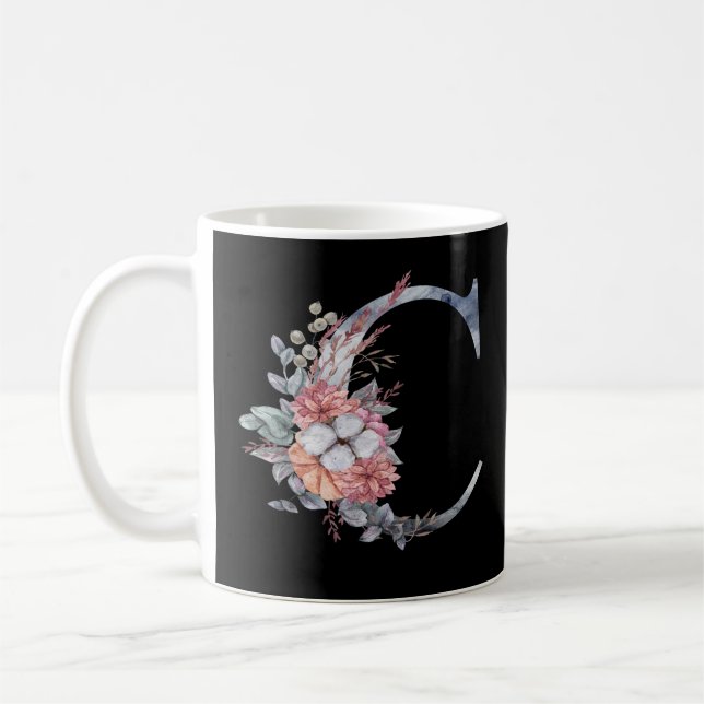 Personalized Blue Floral Monogram C Coffee Mug (Left)
