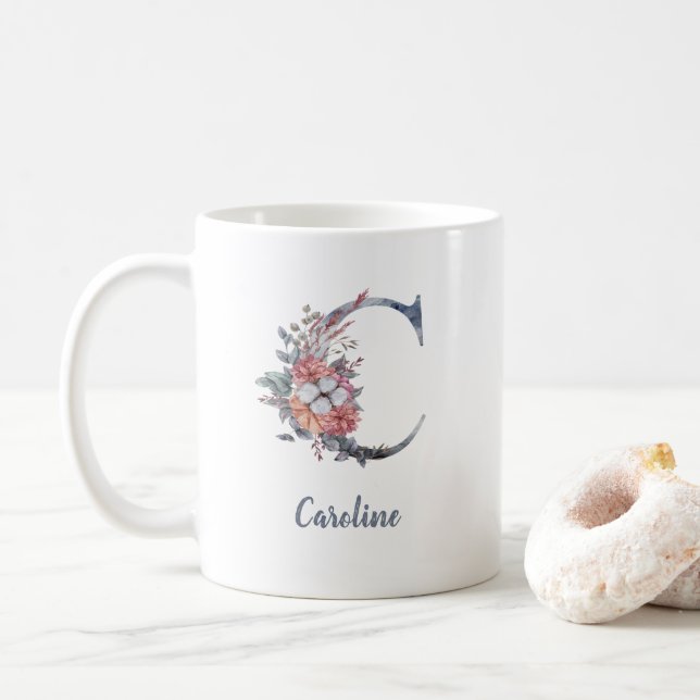 Personalized Blue Floral Monogram C Coffee Mug (With Donut)