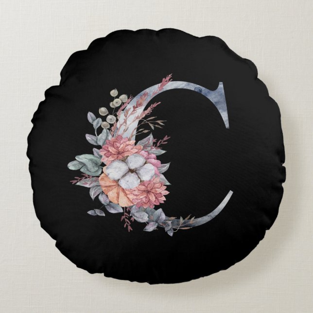Personalized Blue Floral Monogram C Round Pillow (Front)